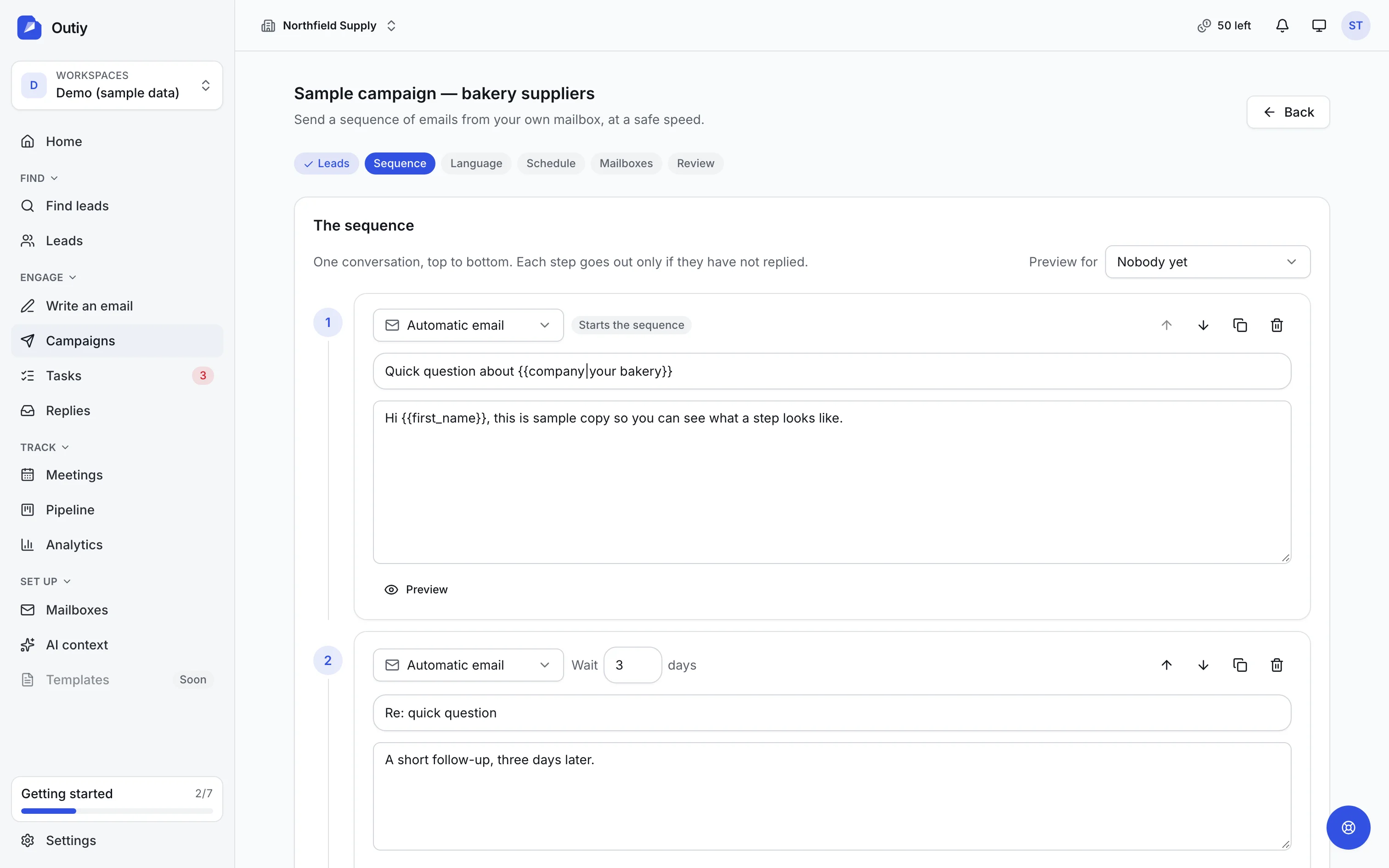 The sequence editor: a timeline of email and LinkedIn steps, with the wait between each one
