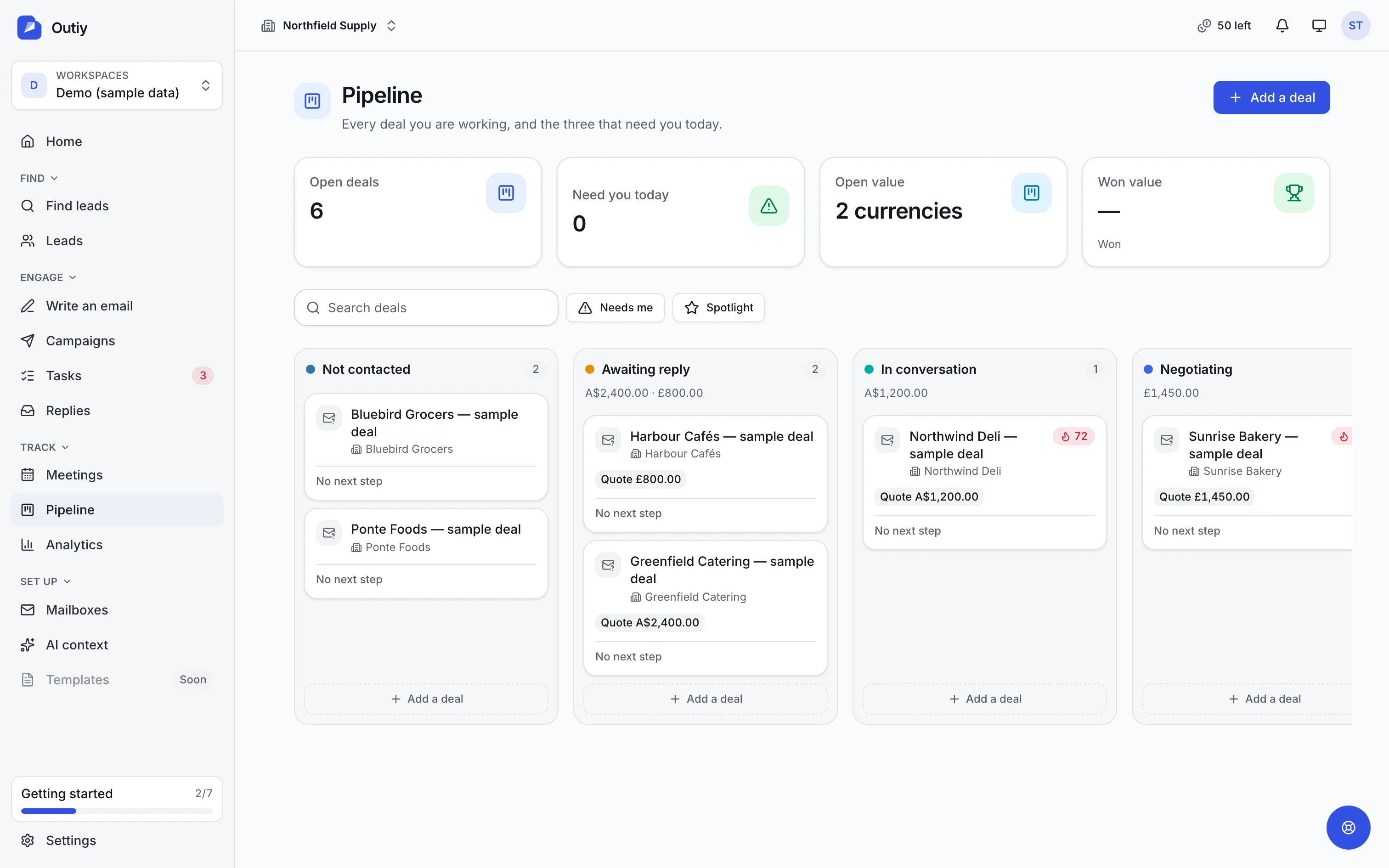 The pipeline board with deals in columns by stage