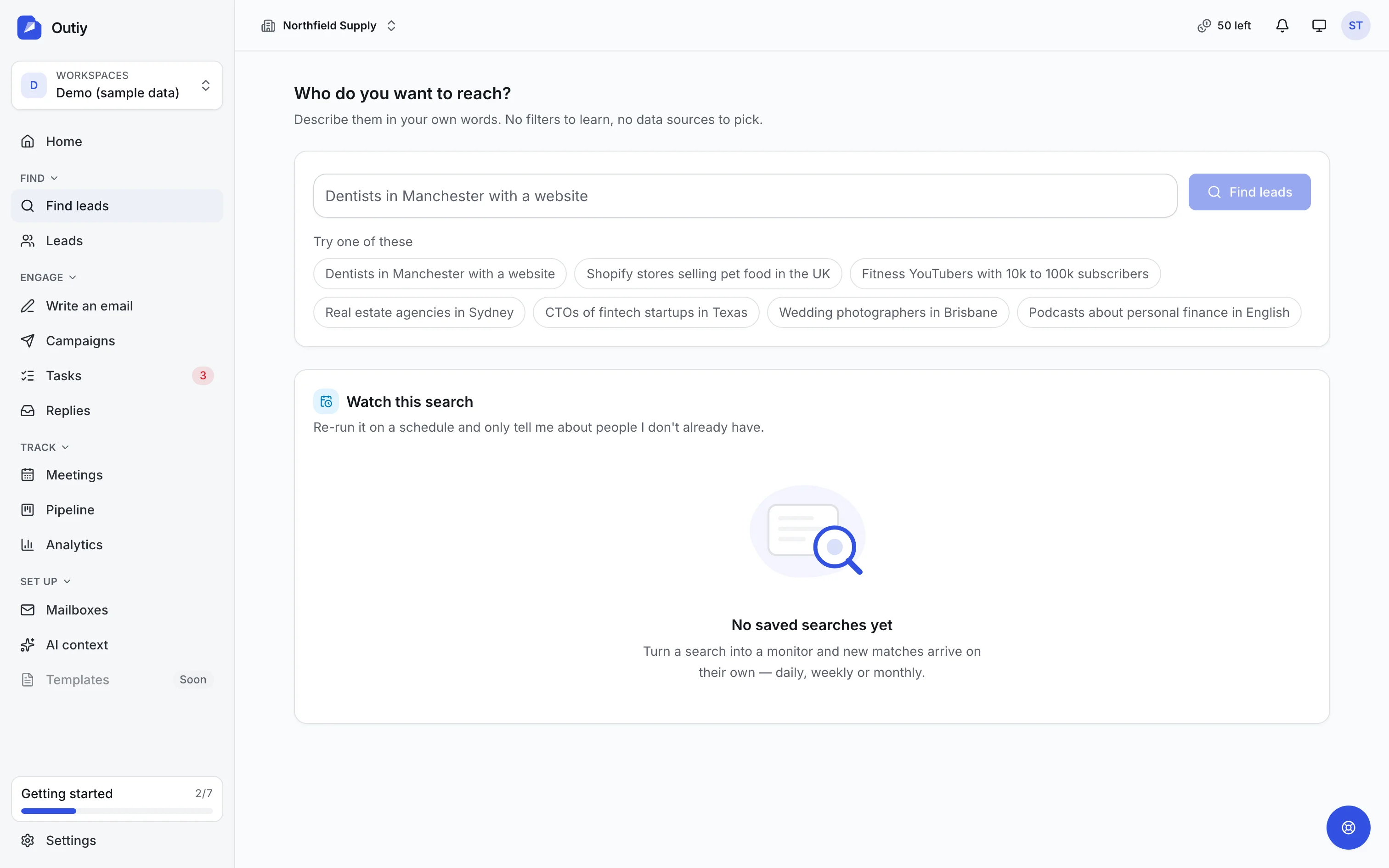 The Find leads screen with a plain-language search box and an editable search plan