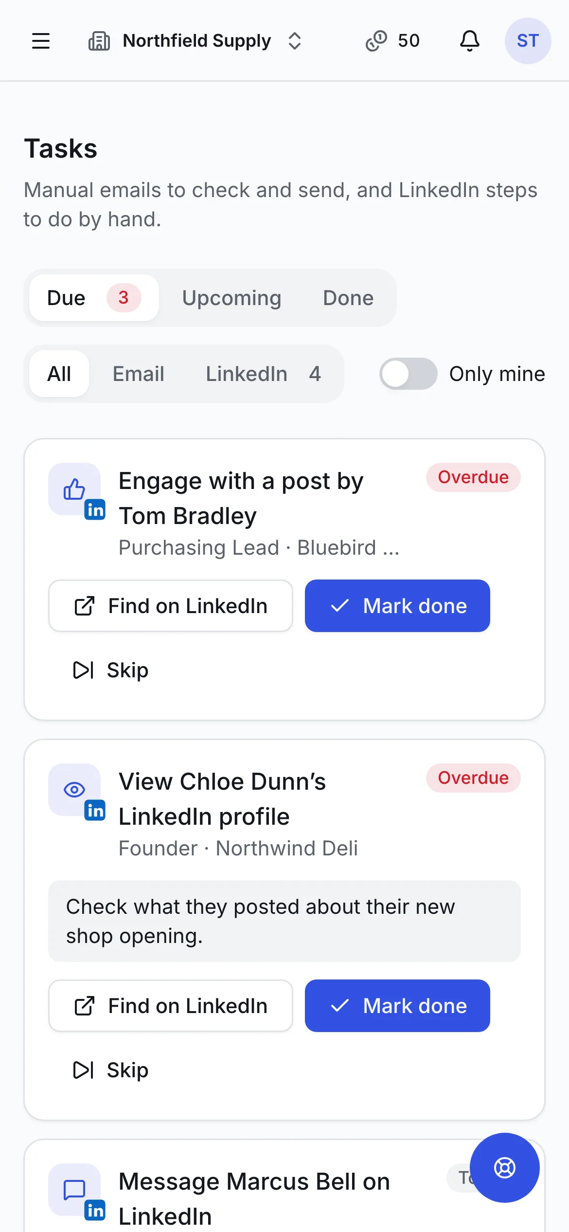 The tasks queue with LinkedIn and manual email tasks, on a phone